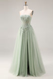 Dusty Green A Line Corset Strapless Tulle Appliqued Long Prom Dress with Slit