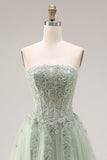 Dusty Green A Line Corset Strapless Tulle Appliqued Long Prom Dress with Slit