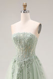 Dusty Green A Line Corset Strapless Tulle Appliqued Long Prom Dress with Slit