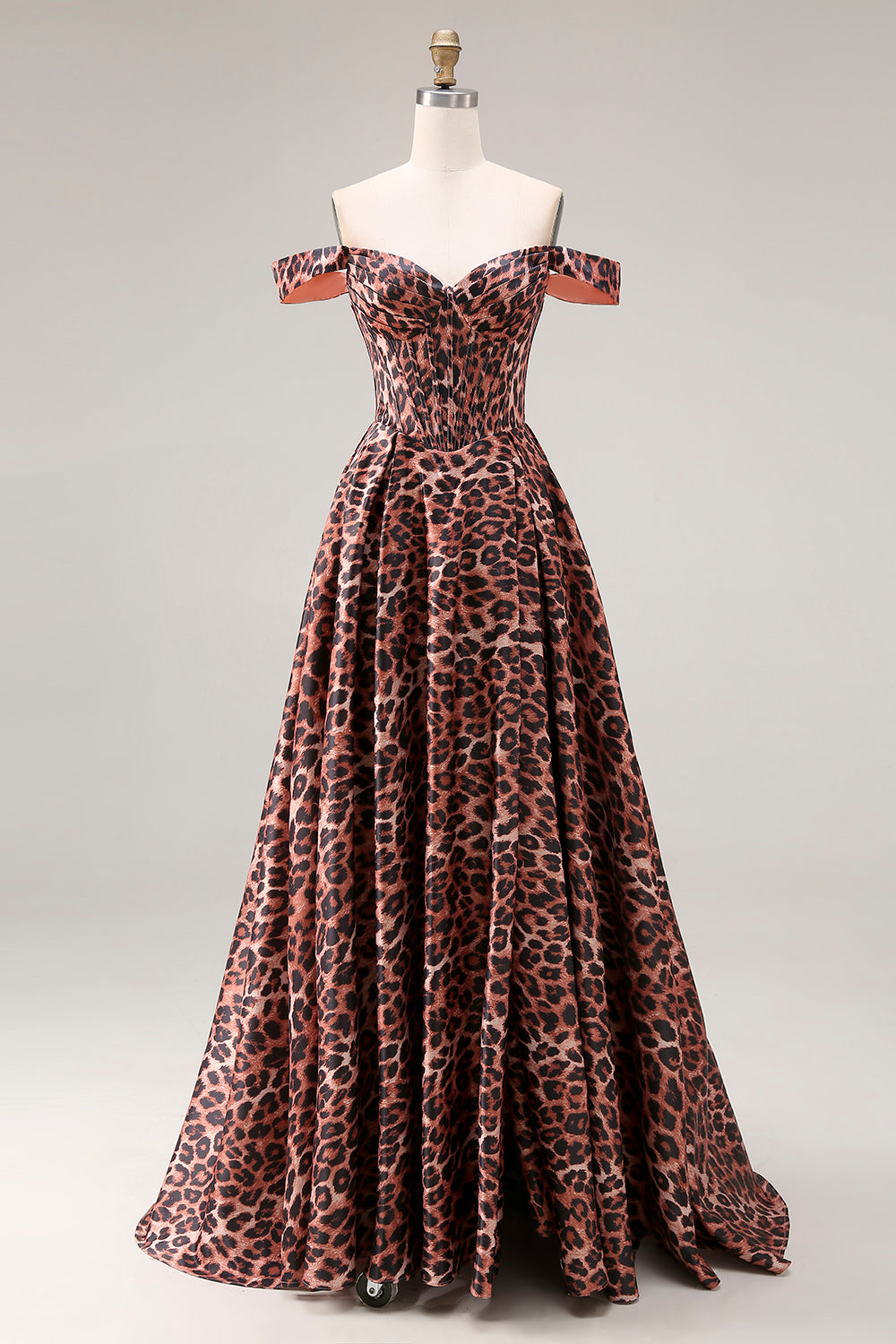 Coffee Leopard Off the Shoulder Corset A Line Long Prom Dress