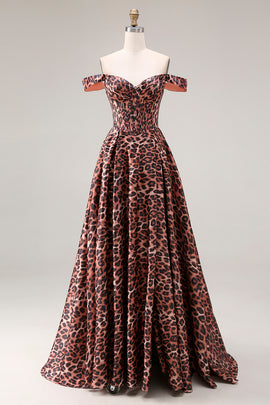 Coffee Leopard Off the Shoulder Corset A Line Long Prom Dress