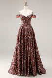 Coffee Leopard Off the Shoulder Corset A Line Long Prom Dress