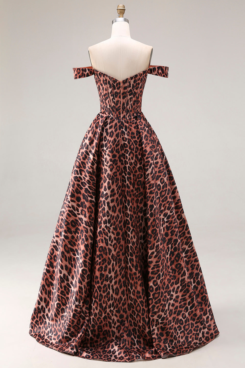 Coffee Leopard Off the Shoulder Corset A Line Long Prom Dress