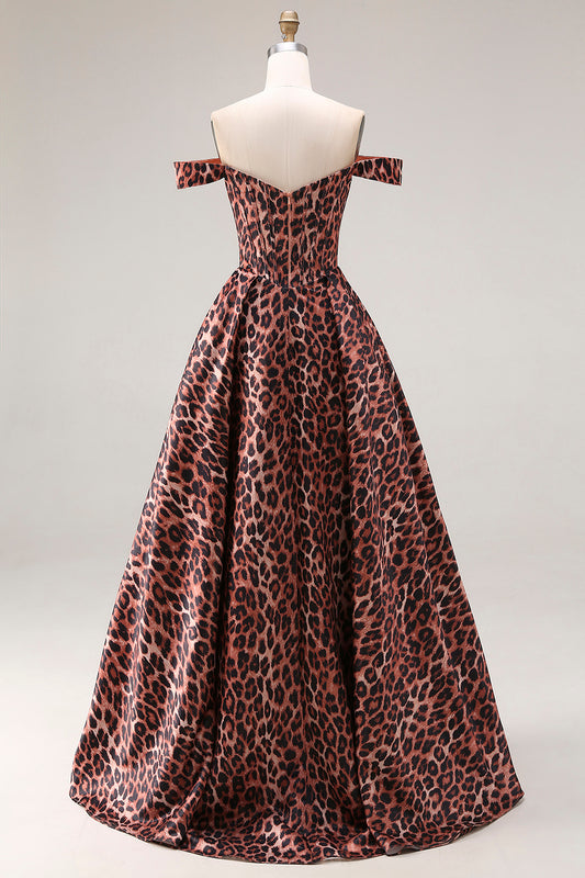 Coffee Leopard Off the Shoulder Corset A Line Long Prom Dress
