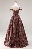 Coffee Leopard Off the Shoulder Corset A Line Long Prom Dress