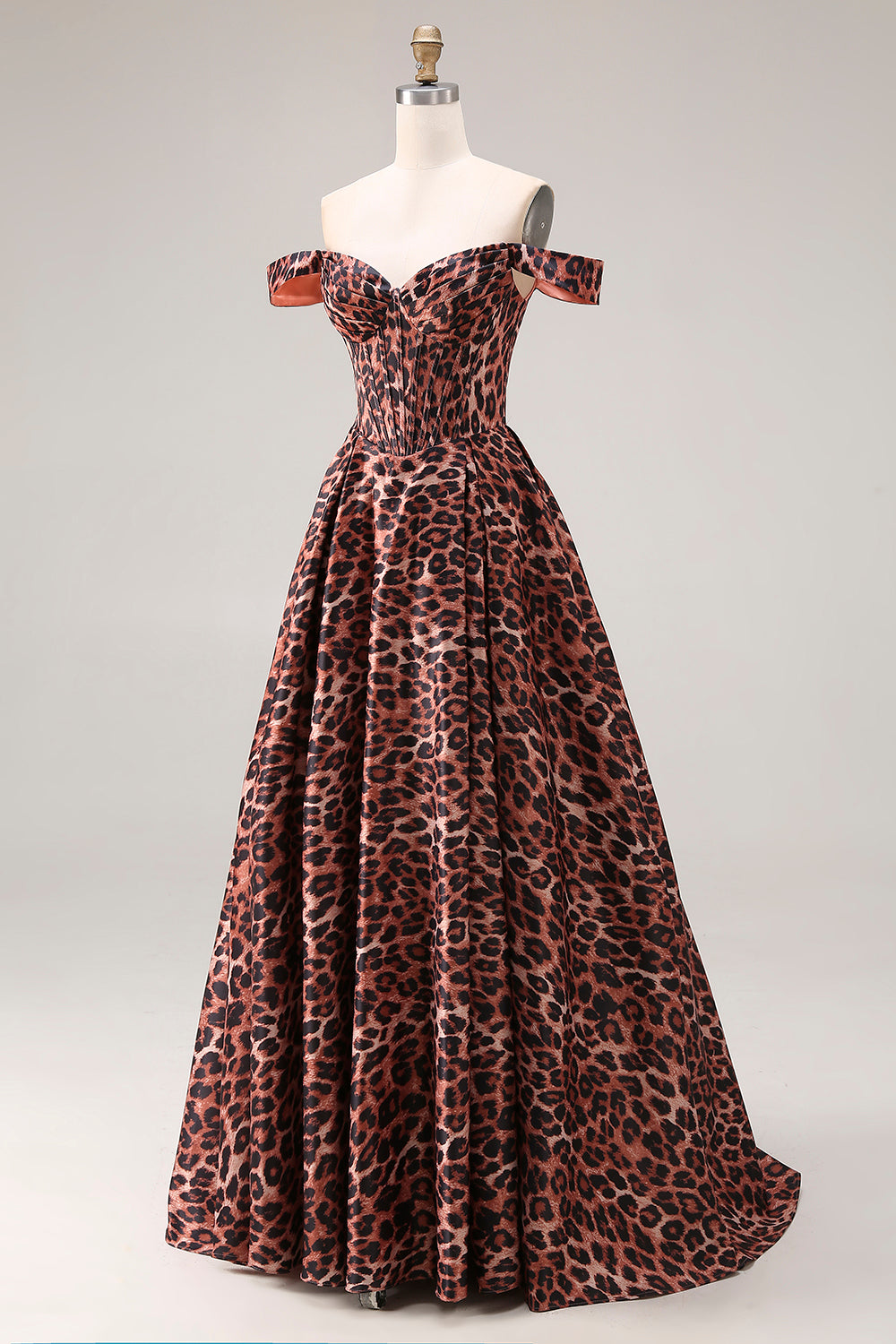 Coffee Leopard Off the Shoulder Corset A Line Long Prom Dress