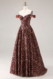 Coffee Leopard Off the Shoulder Corset A Line Long Prom Dress