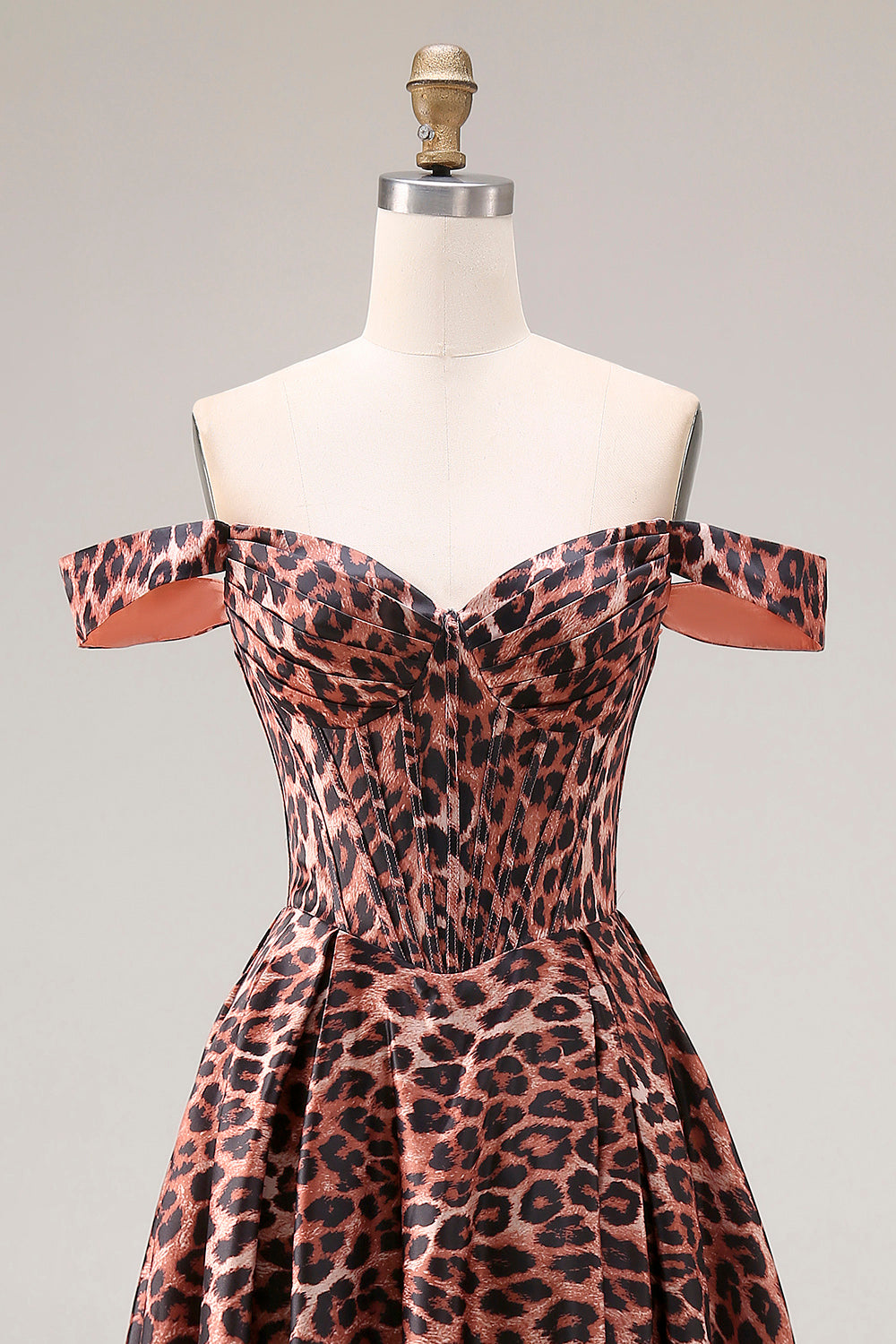Coffee Leopard Off the Shoulder Corset A Line Long Prom Dress