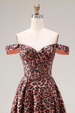 Coffee Leopard Off the Shoulder Corset A Line Long Prom Dress