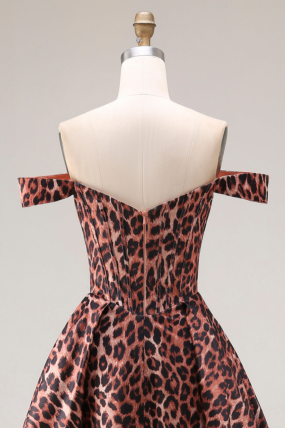 Coffee Leopard Off the Shoulder Corset A Line Long Prom Dress