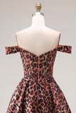 Coffee Leopard Off the Shoulder Corset A Line Long Prom Dress
