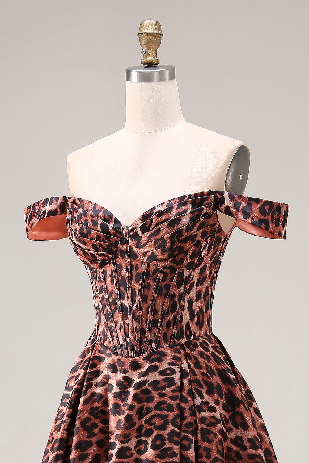 Coffee Leopard Off the Shoulder Corset A Line Long Prom Dress
