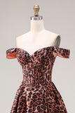 Coffee Leopard Off the Shoulder Corset A Line Long Prom Dress