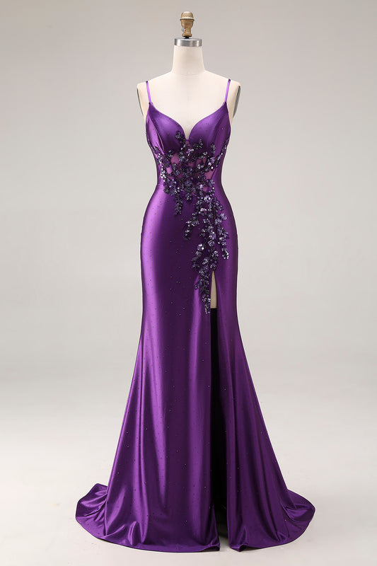 Sparkly Purple Corset Spaghetti Straps Mermaid Beaded Long Prom Dress with Slit
