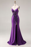 Sparkly Purple Corset Spaghetti Straps Mermaid Beaded Long Prom Dress with Slit