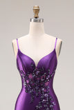 Sparkly Purple Corset Spaghetti Straps Mermaid Beaded Long Prom Dress with Slit