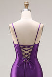 Sparkly Purple Corset Spaghetti Straps Mermaid Beaded Long Prom Dress with Slit