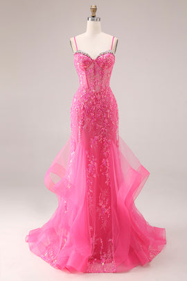 Sparkly Fuchsia Corset Lace Mermaid Spaghetti Straps Long Prom Dress with Ruffles