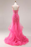 Sparkly Fuchsia Corset Lace Mermaid Spaghetti Straps Long Prom Dress with Ruffles