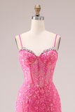 Sparkly Fuchsia Corset Lace Mermaid Spaghetti Straps Long Prom Dress with Ruffles