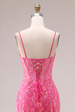 Sparkly Fuchsia Corset Lace Mermaid Spaghetti Straps Long Prom Dress with Ruffles