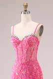 Sparkly Fuchsia Corset Lace Mermaid Spaghetti Straps Long Prom Dress with Ruffles