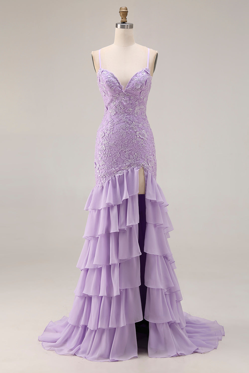 Floral Purple Mermaid Ruffled Spaghetti Straps Long Prom Dress