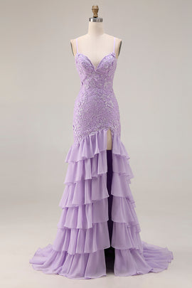 Floral Purple Mermaid Ruffled Spaghetti Straps Long Prom Dress