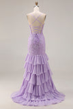Floral Purple Mermaid Ruffled Spaghetti Straps Long Prom Dress