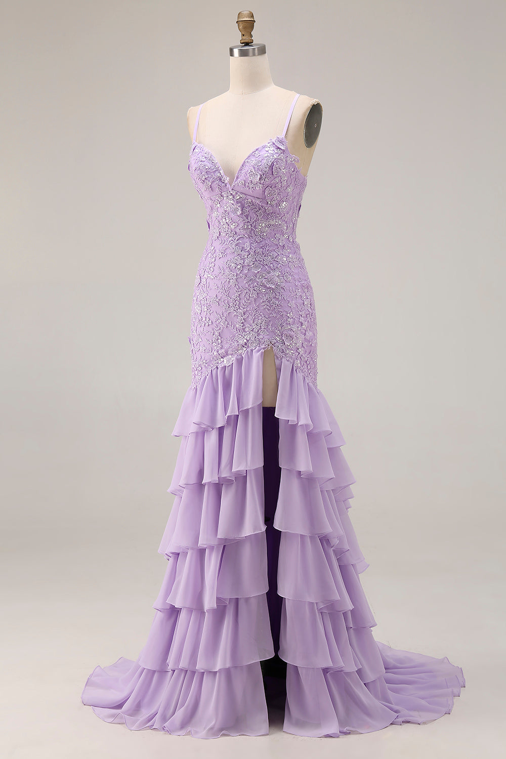 Floral Purple Mermaid Ruffled Spaghetti Straps Long Prom Dress