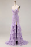 Floral Purple Mermaid Ruffled Spaghetti Straps Long Prom Dress