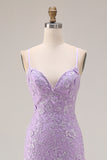 Floral Purple Mermaid Ruffled Spaghetti Straps Long Prom Dress