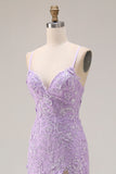 Floral Purple Mermaid Ruffled Spaghetti Straps Long Prom Dress