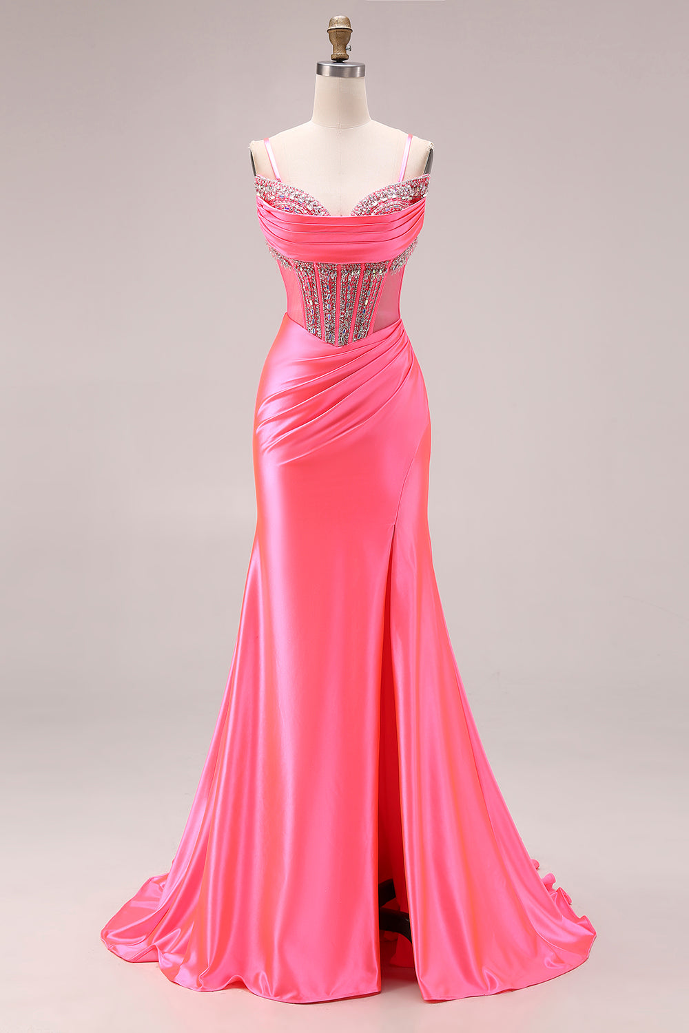 Sparkly Bright Pink Mermaid Ruched Long Corset Prom Dress with Slit