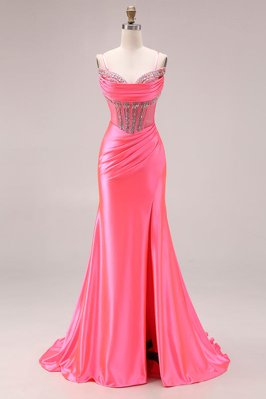 Sparkly Bright Pink Mermaid Ruched Long Corset Prom Dress with Slit
