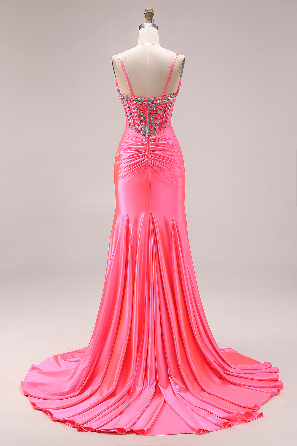 Sparkly Bright Pink Mermaid Ruched Long Corset Prom Dress with Slit
