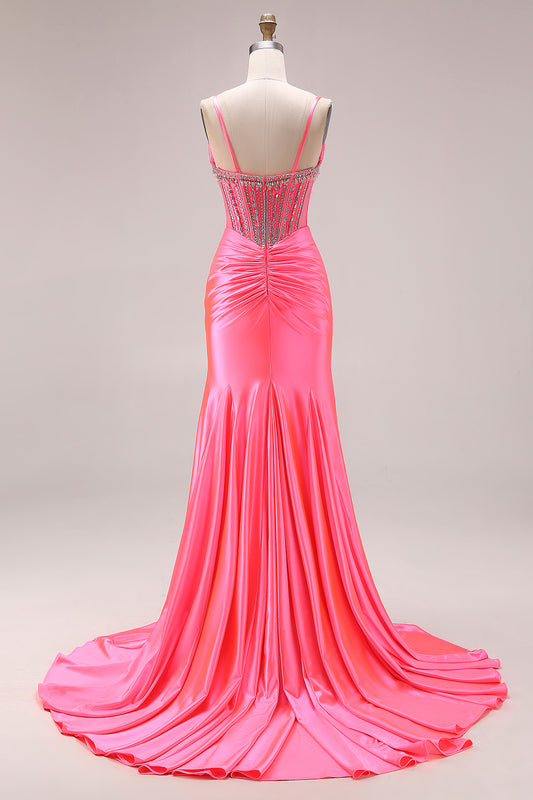 Sparkly Bright Pink Mermaid Ruched Long Corset Prom Dress with Slit