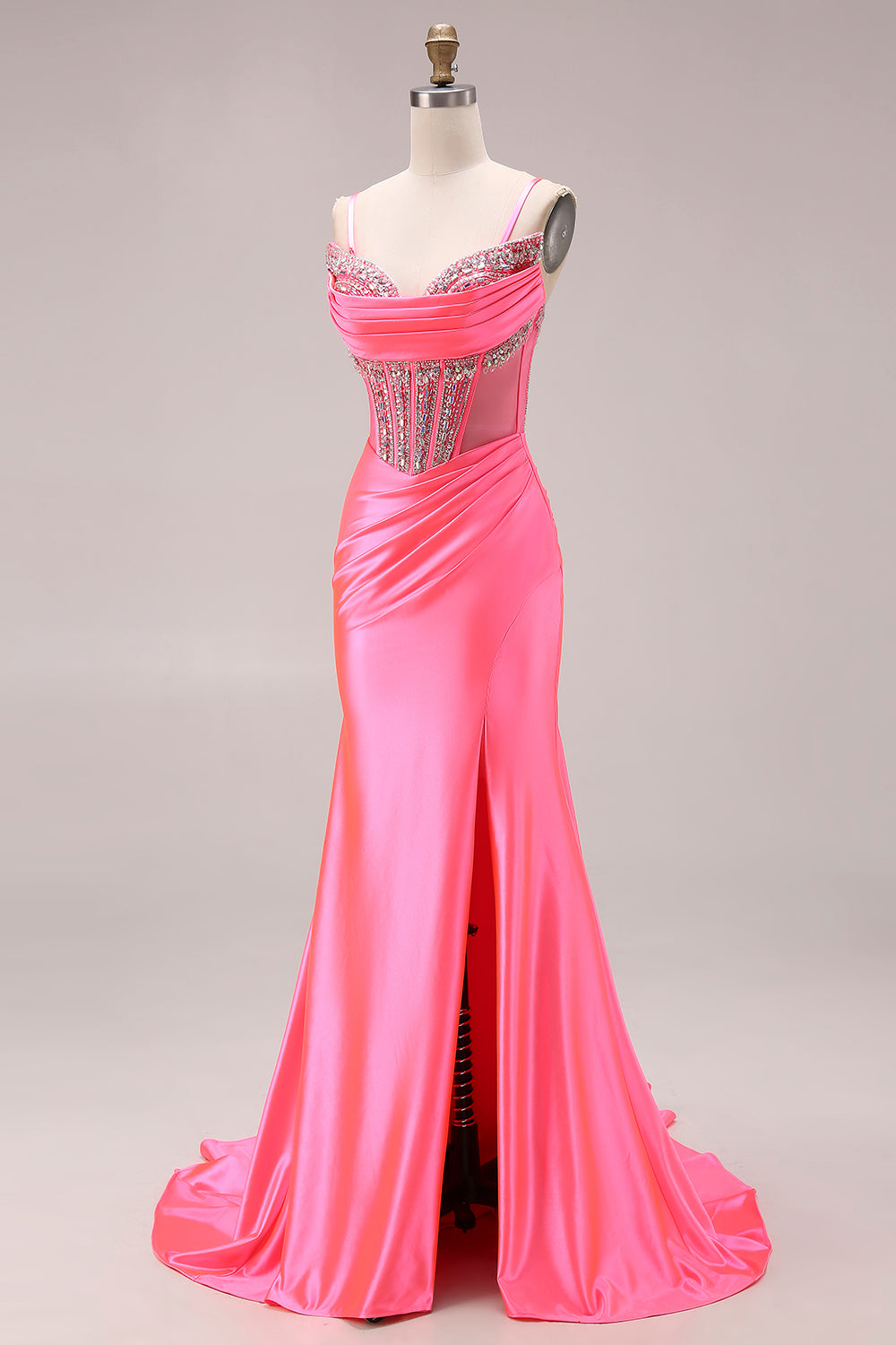 Sparkly Bright Pink Mermaid Ruched Long Corset Prom Dress with Slit
