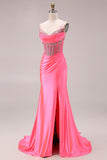 Sparkly Bright Pink Mermaid Ruched Long Corset Prom Dress with Slit