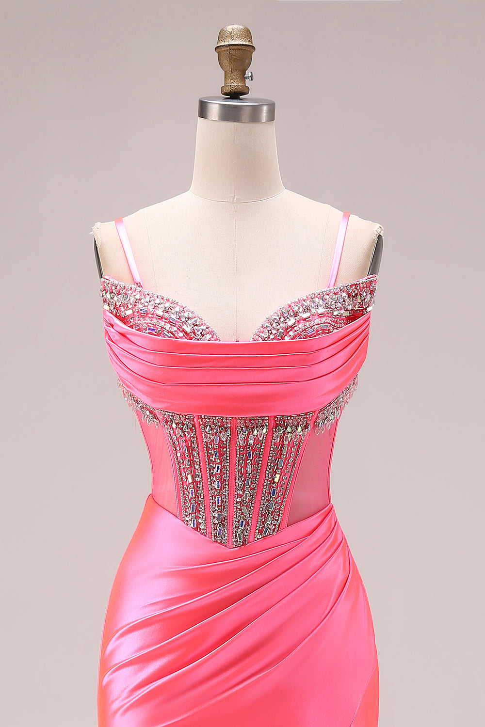 Sparkly Bright Pink Mermaid Ruched Long Corset Prom Dress with Slit