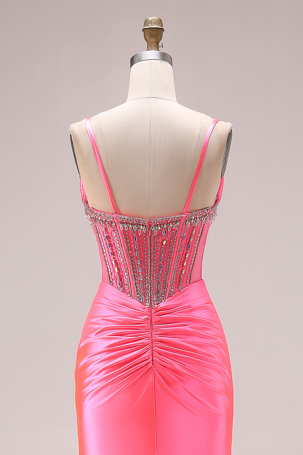 Sparkly Bright Pink Mermaid Ruched Long Corset Prom Dress with Slit