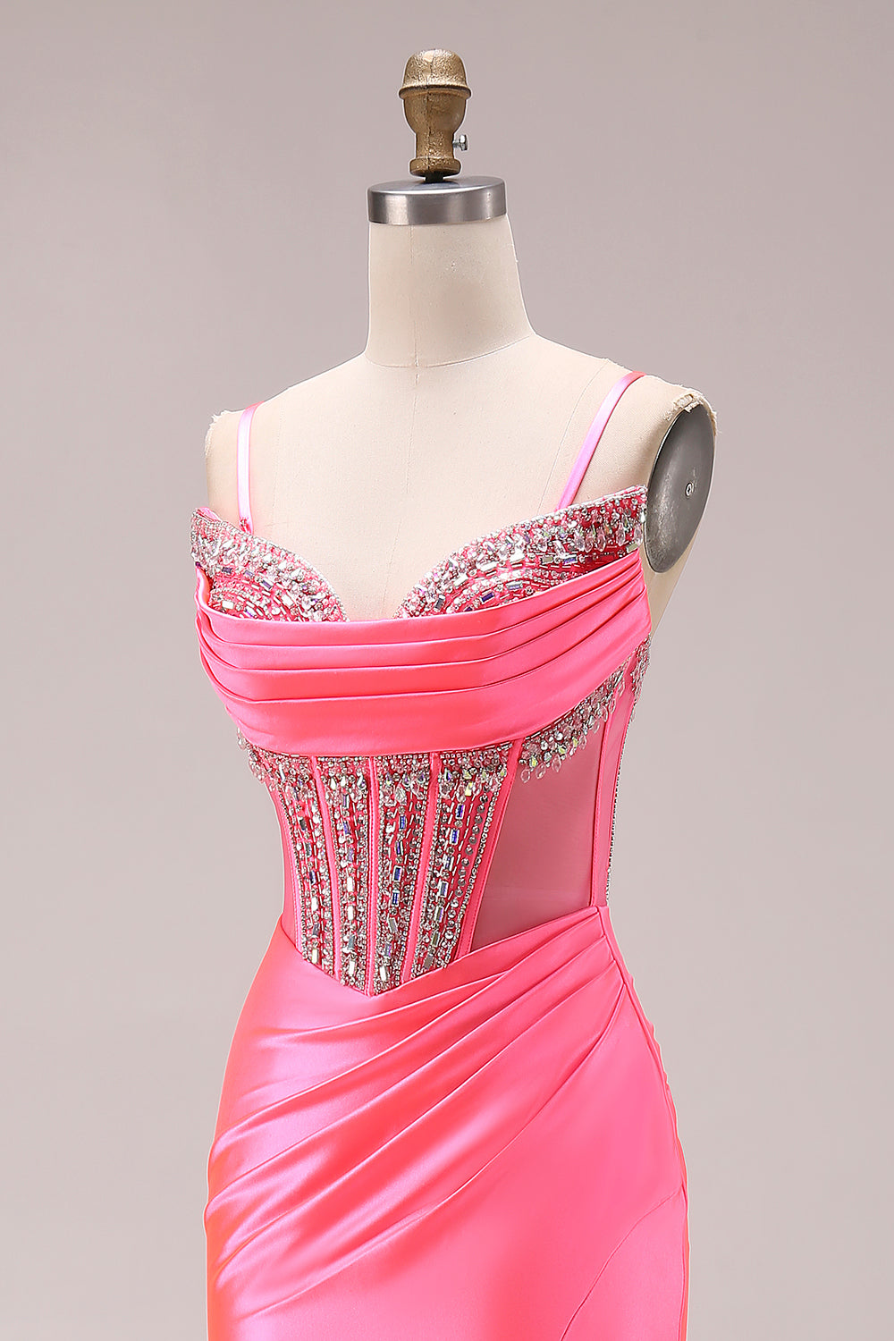 Sparkly Bright Pink Mermaid Ruched Long Corset Prom Dress with Slit