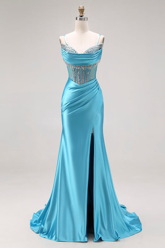 Sparkly Lake Blue Beaded Mermaid Long Corset Prom Dress with Slit