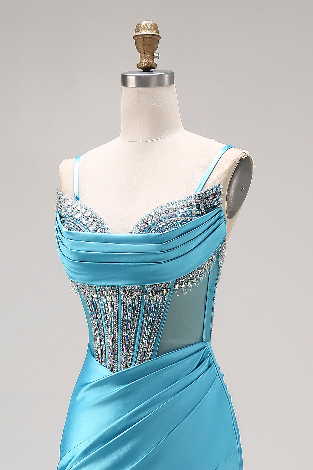 Sparkly Bright Pink Mermaid Ruched Long Corset Prom Dress with Slit