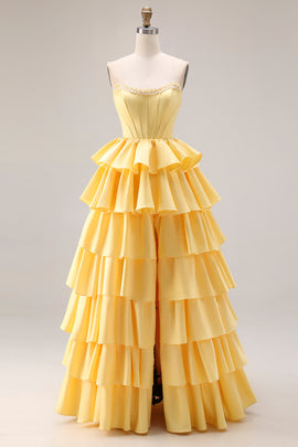 Yellow Ruffled Strapless A Line Long Corset Prom Dress with Pearls