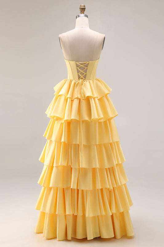 Yellow Ruffled Strapless A Line Long Corset Prom Dress with Pearls
