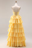 Yellow Ruffled Strapless A Line Long Corset Prom Dress with Pearls