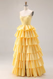 Yellow Ruffled Strapless A Line Long Corset Prom Dress with Pearls