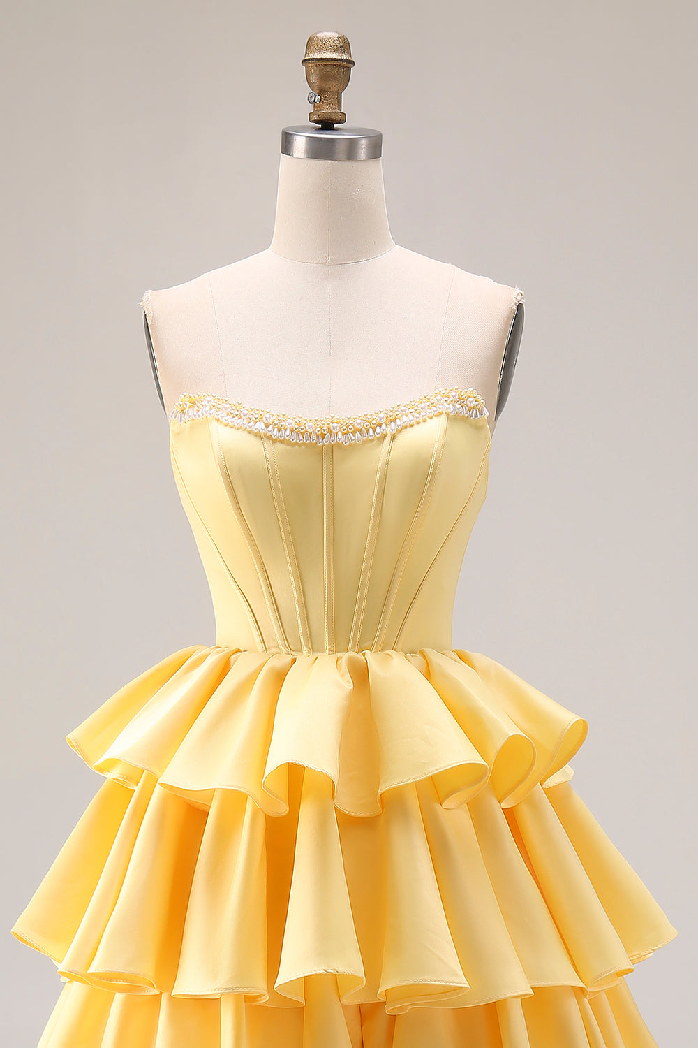 Yellow Ruffled Strapless A Line Long Corset Prom Dress with Pearls