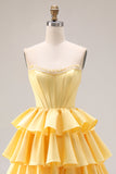 Yellow Ruffled Strapless A Line Long Corset Prom Dress with Pearls